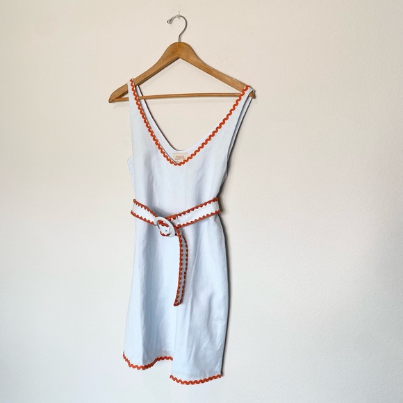 NWT Mason’s Daughter Sky Blue Linen Blend Belted Mini Dress with Red Ric Rac - Picture 5 of 7